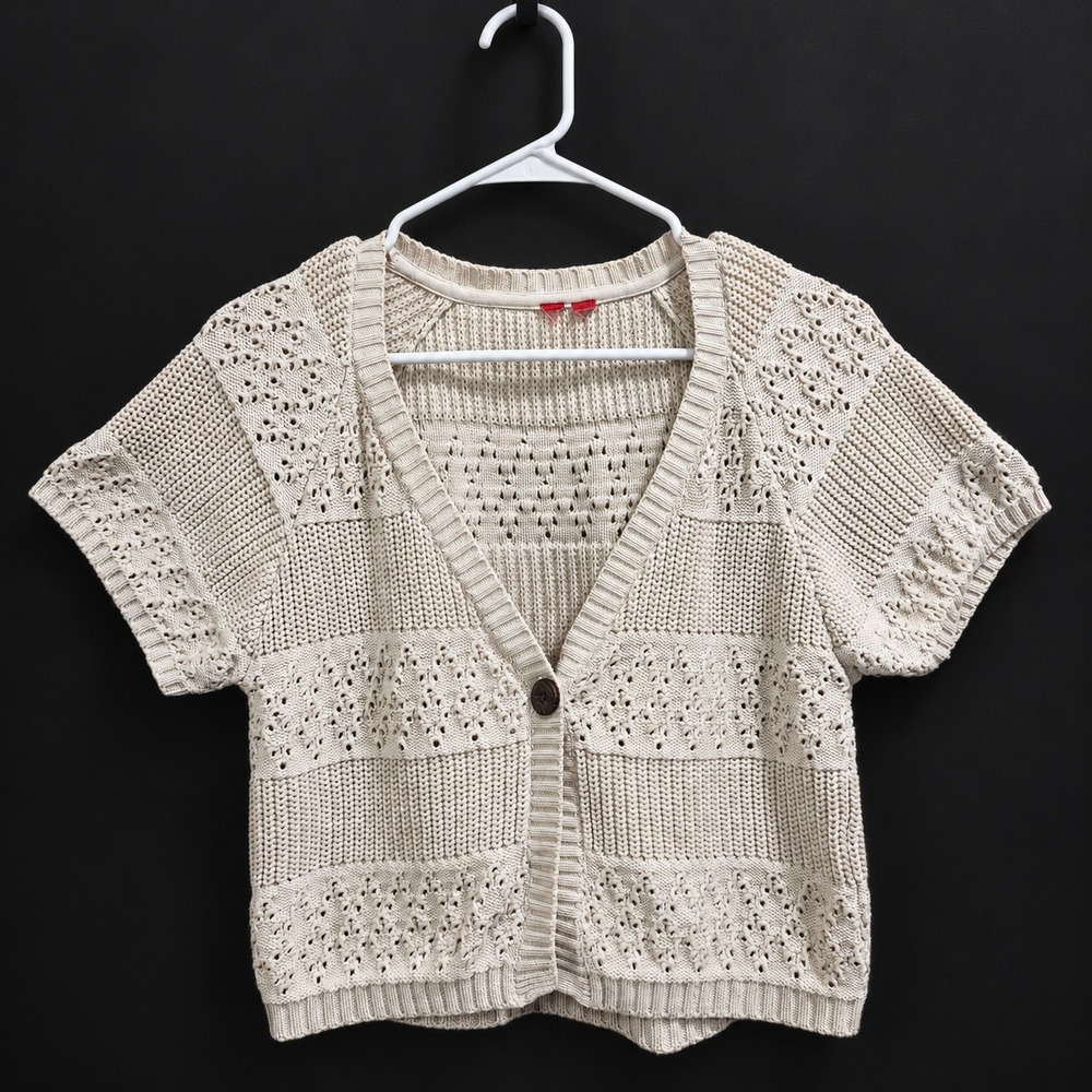 Esprit Women Cream Beige Short Sleeve Pointelle Knit Cardigan Sweater V-Neck